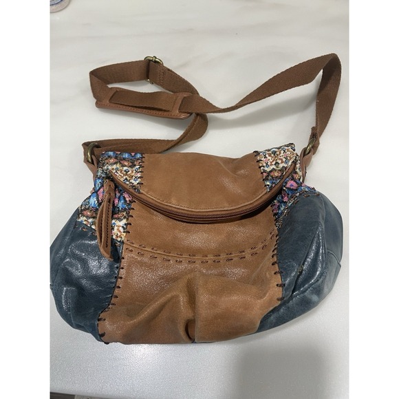 The Sak Leather Embellished Crossbody Hobo Bag Boho Patchwork Blue Brown Y2K - Picture 1 of 10